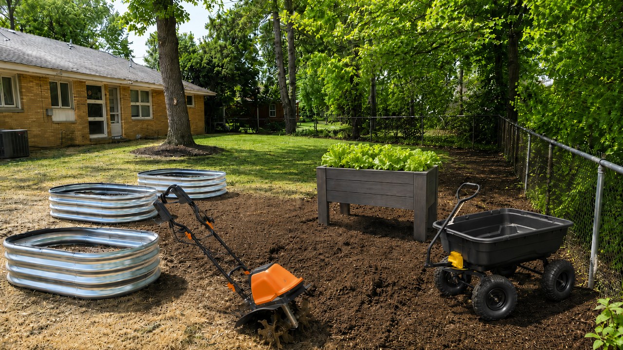 Backyard vegetable garden setup with raised garden beds, electric tiller, Step2 Lakewood planter box with lettuce, and Gorilla Carts dump cart on freshly tilled soil