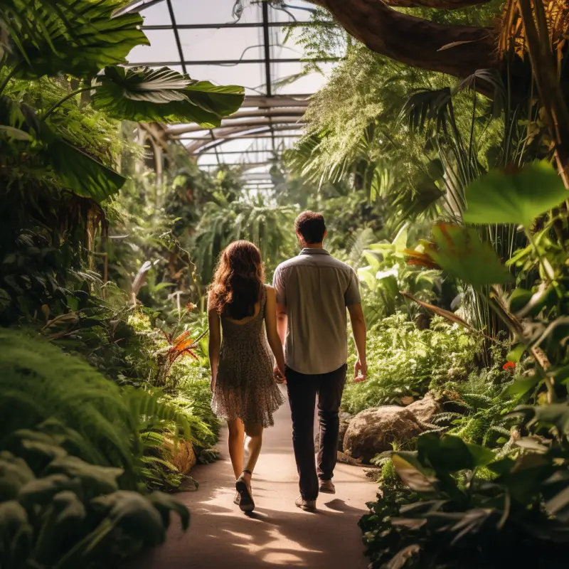 couple rekindling romance while walking together through a botanic garden
