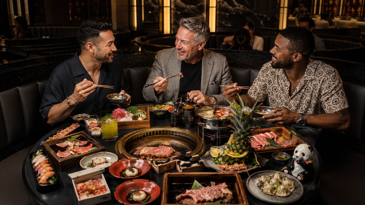 Three friends sharing hot pot, Korean BBQ and sushi during a Las Vegas guys trip in an upscale Asian restaurant