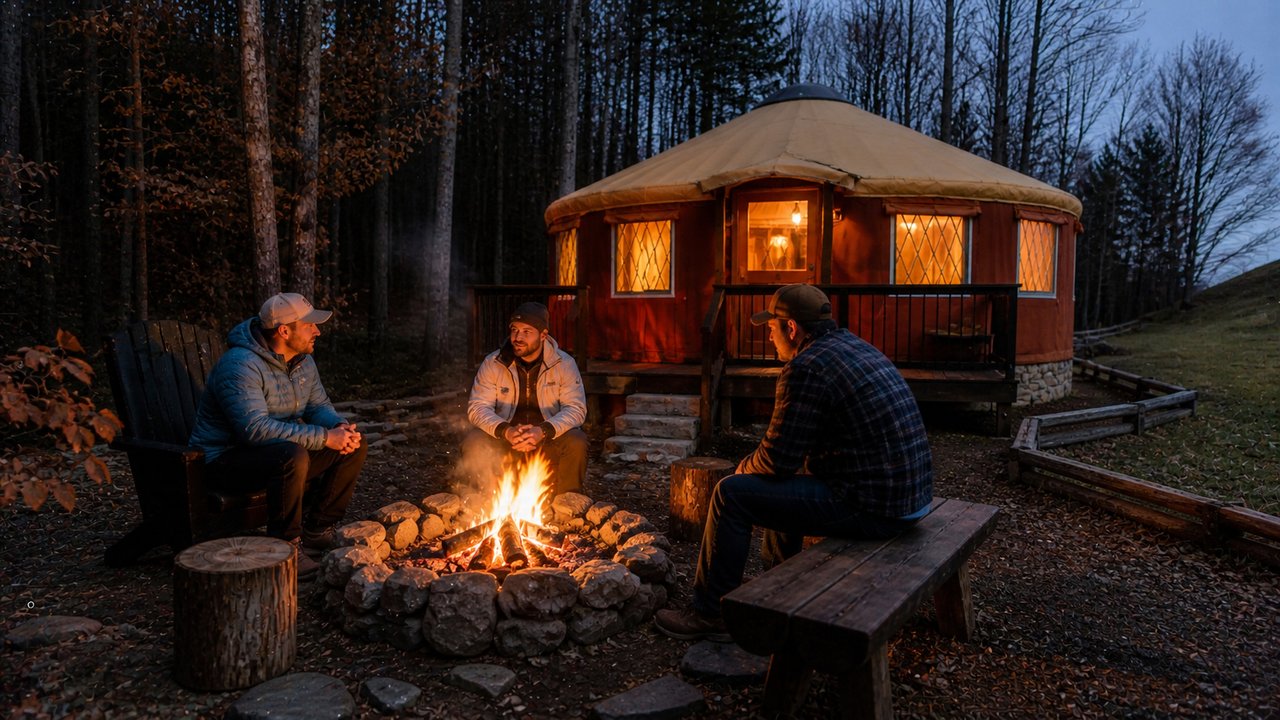 Three guys around a fire pit at dusk outside a lit yurt in the Smoky Mountains