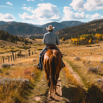 man on a horse riding down a trail on a Montana dude ranch