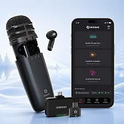 HISONG AirStudio S1 wireless microphone with monitoring earbud, USB-C receiver, and the HISONG Link app open on a phone