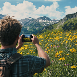 man taking video of a mountain while visiting switzerland