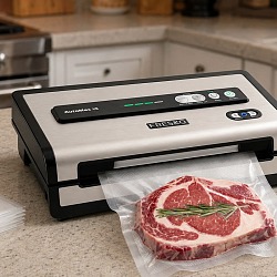 FRESKO AutoMax V8 vacuum sealer on a kitchen counter sealing a ribeye steak, with the included bag roll and pre-cut bags beside it