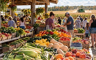 Farm stand piled with corn, squash, peppers, peaches and blueberries while a combine harvests the field behind it