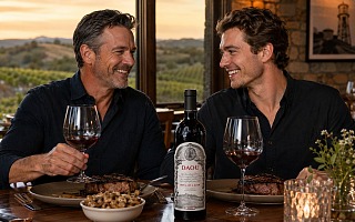 A father and son share steaks and a bottle of DAOU Soul of a Lion at a Paso Robles winery at sunset