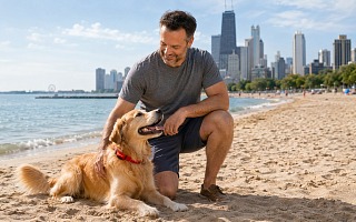 A dad kneeling beside his golden retriever on a Chicago lakefront beach