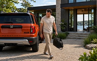 A dad carrying a black leather weekender bag from an orange SUV at a modern lake house