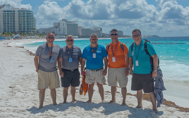 A group of men enjoying their all-inclusive Cancun resort, relaxing on the beach with their resort in the background.